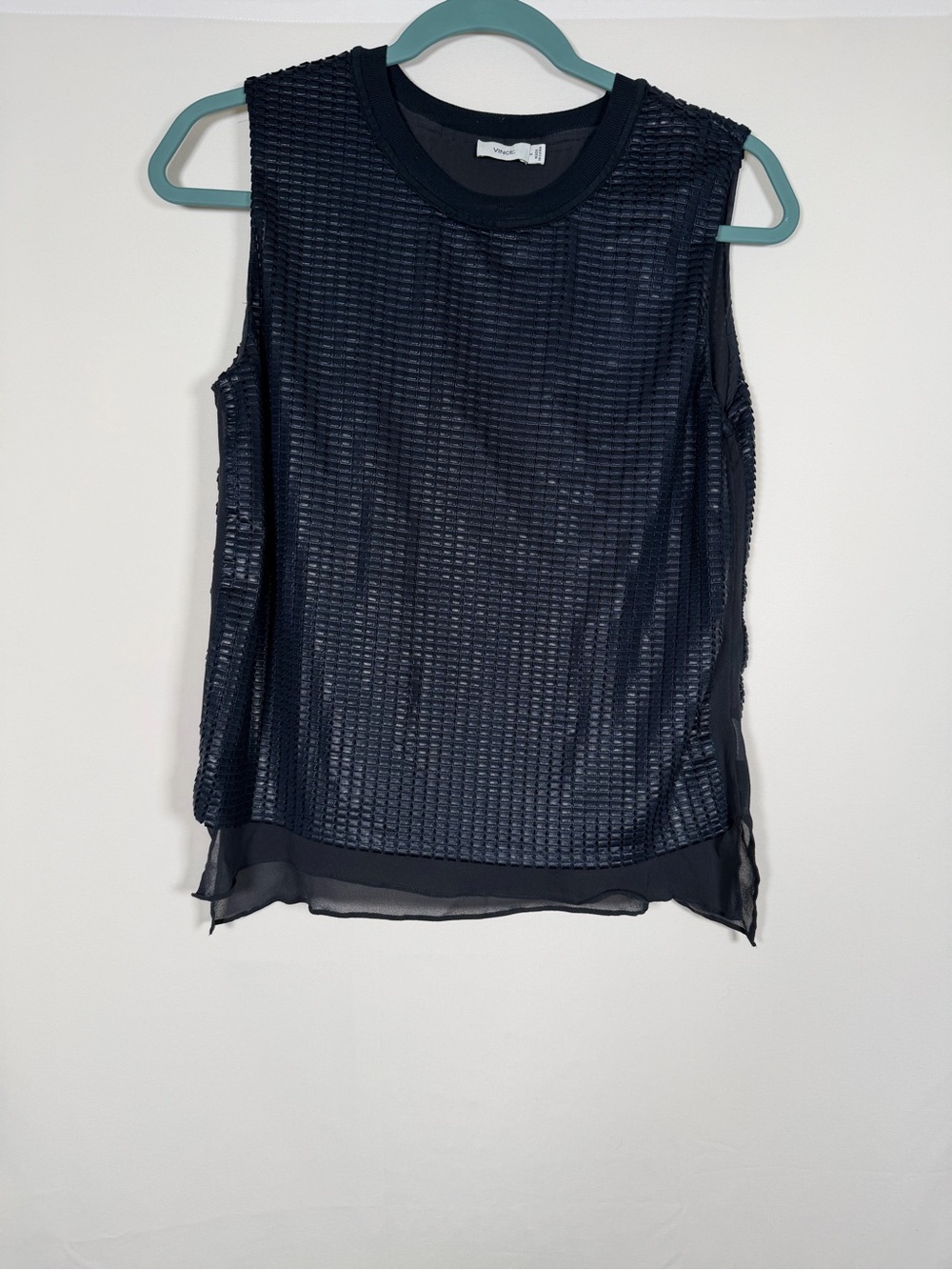 Vince Navy Cobalt Mesh Overlay Blouse Textured Sleeveless‎ Tank